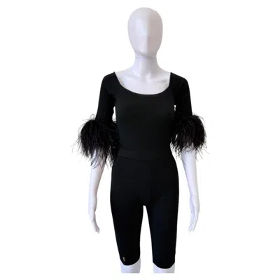 Pre-owned Saint Laurent S/s 2021 Black Ribbed Knit Feather-cuff Romper
