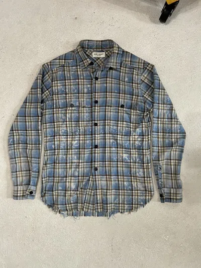 Pre-owned Saint Laurent Ss16 Surf Sound Bleached Raw Hem Hedi Flannel In Blue