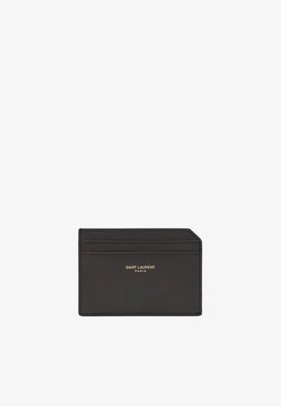 Saint Laurent Stamp Logo Leather Cardholder In Black