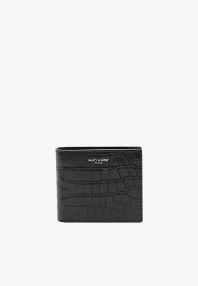 Saint Laurent Stamped Logo East/west Wallet In Croc-embossed Leather In Black
