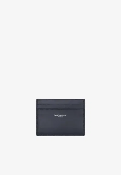 Saint Laurent Stamped Logo Leather Cardholder In Black