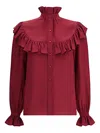 Saint Laurent Ruffled Floral Silk-jacquard Blouse In Burgundy