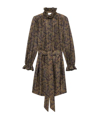 Saint Laurent Stand-neck Long-sleeved Dress In Brown