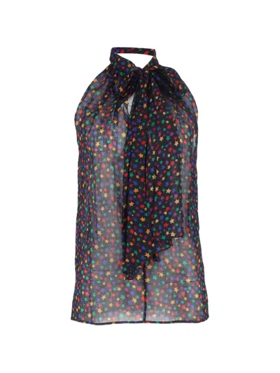 Pre-owned Saint Laurent Star-print Pussy-bow Blouse In Black