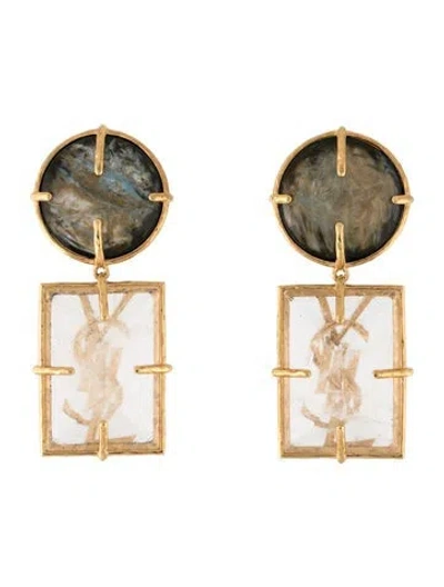 Pre-owned Saint Laurent Stone & Resin Cassandre Clip-on Earrings In Blue/clear/green