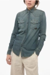 SAINT LAURENT STONE WASHED DENIM SHIRT WITH SNAP BUTTONS