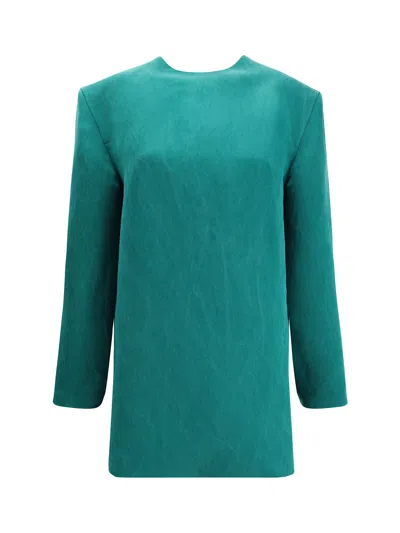 Saint Laurent Stonewashed Silk Satin Boxy Dress In Green