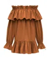 Saint Laurent Brown Ruffle Dress With Bare Shoulders In Cotton Twill Woman In Brown