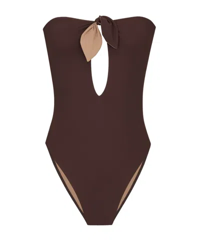 Saint Laurent Strapless Lace-up Swimsuit In Brown
