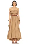 Saint Laurent Beige Long Dress With Bustier Neckline And Ruffled Skirt In Cotton Woman In Cannelle