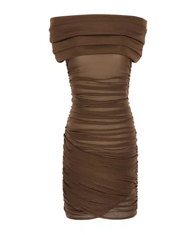 Saint Laurent Strapless Pleated Knitted Dress In Brown
