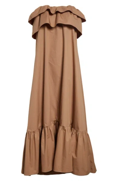 Saint Laurent Beige Cotton Serge Ruffled Dress In Brown