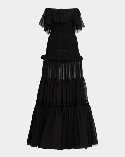Saint Laurent Strapless Ruffle Tiered Maxi Dress In Black