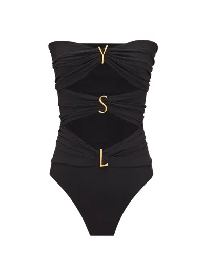Saint Laurent Strapless Sweetheart Neckline Lined Bodysuit With Ysl Metal Details In Nero