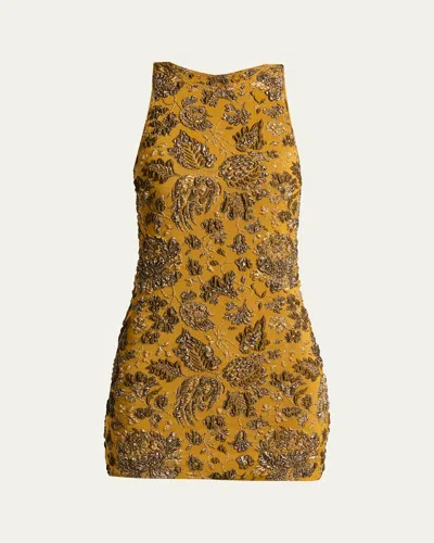 Saint Laurent Stretch Brocade Cross-back Mini Dress In Brown