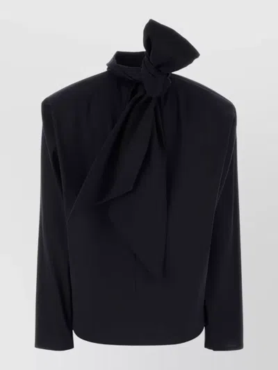 Saint Laurent Stretch Silk Blend Blouse With Bow Detail In Blue