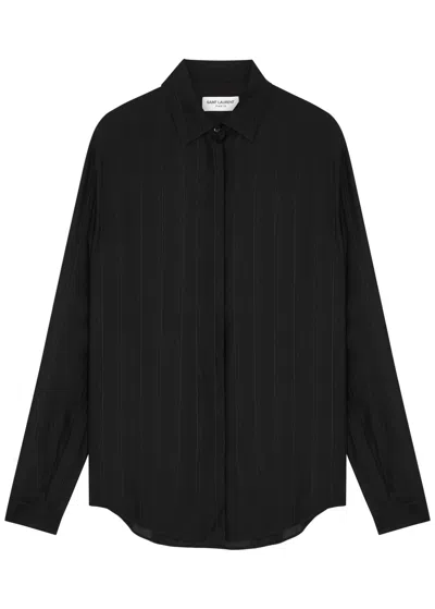 Saint Laurent Stripe And Logo-jacquard Silk Shirt In Black