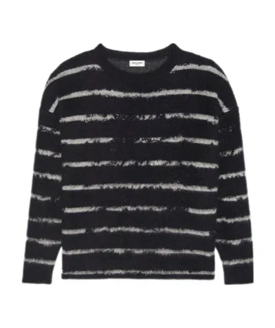 Saint Laurent Stripe Pattern Fuzzy Jumper In Black
