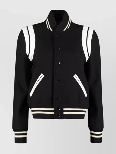 SAINT LAURENT STRIPED BOMBER JACKET WITH RIBBED KNIT EDGES