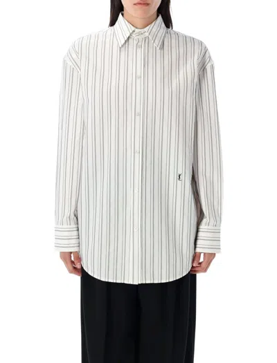 Saint Laurent Striped Cassandre Shirt In White