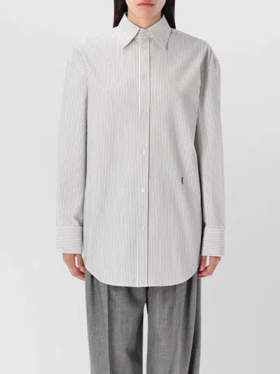 Saint Laurent Grey Shirt With Cassandre Embroidery And All-over Striped Motif In Cotton Woman In White
