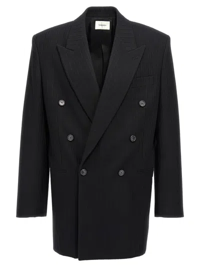 Saint Laurent Striped Double-breasted Blazer In Black