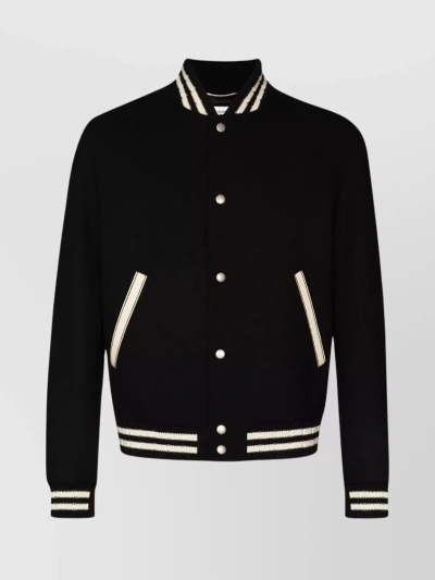 Saint Laurent Striped Knit Bomber Jacket In Black