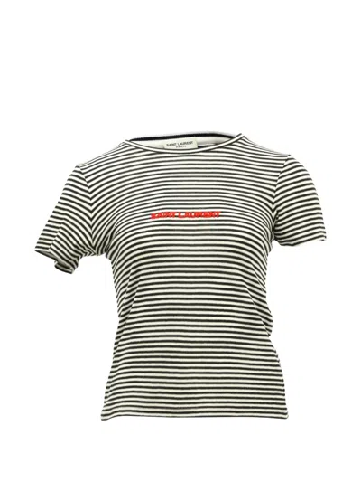 Pre-owned Saint Laurent Striped Logo T-shirt In White