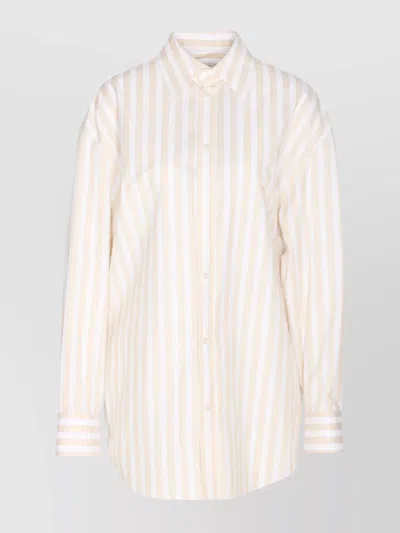 Saint Laurent Striped Long Sleeve Regular Collar Top In Beige