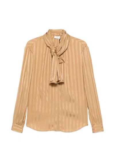 Saint Laurent Striped Pussy-bow Blouse In Brown