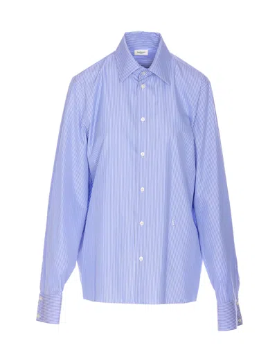 Saint Laurent Embroidered Poplin Cassandre Shirt In Blue