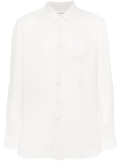 Saint Laurent Gestreiftes Hemd Mit Logo-stickerei In White
