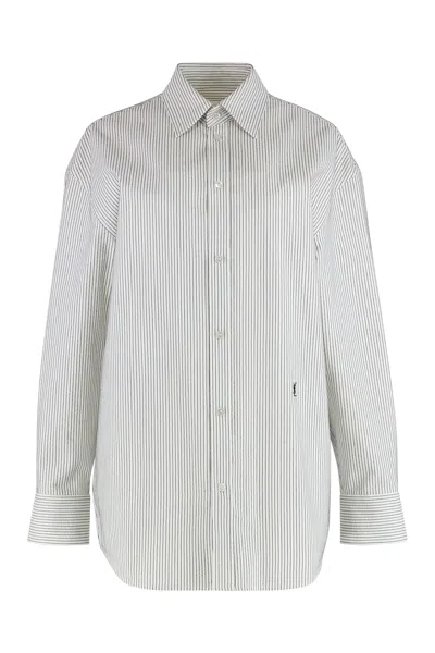 Saint Laurent Grey Shirt With Cassandre Embroidery And All-over Striped Motif In Cotton Woman In White