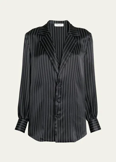 SAINT LAURENT STRIPED SILK BUTTON-FRONT BLOUSE