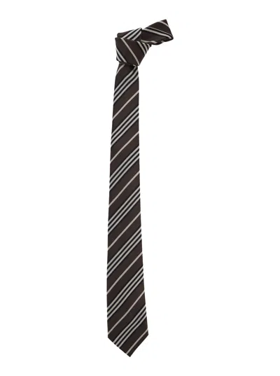 Saint Laurent Striped Silk Necktie In Brown