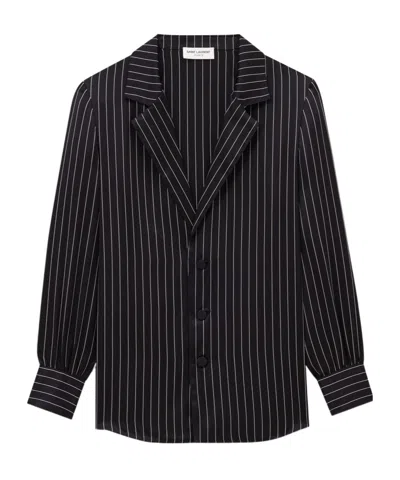 Saint Laurent Striped Silk Pajam Shirt In Noir Craie