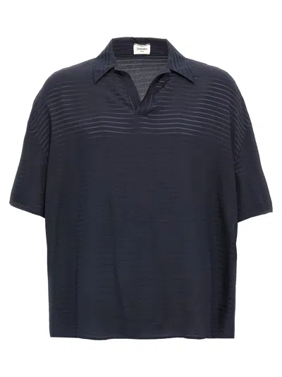 Saint Laurent Striped Silk Polo Shirt In Blue