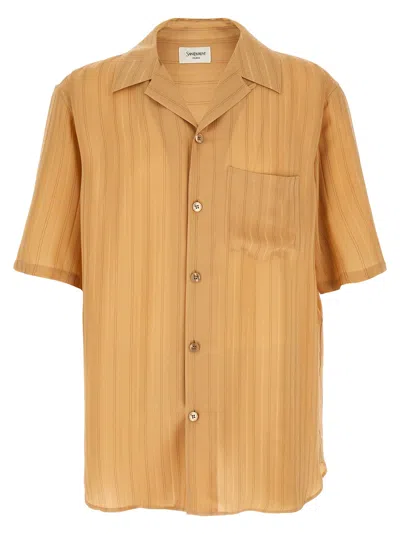 Saint Laurent Striped Silk Shirt Shirt And Blouse Beige In Brown