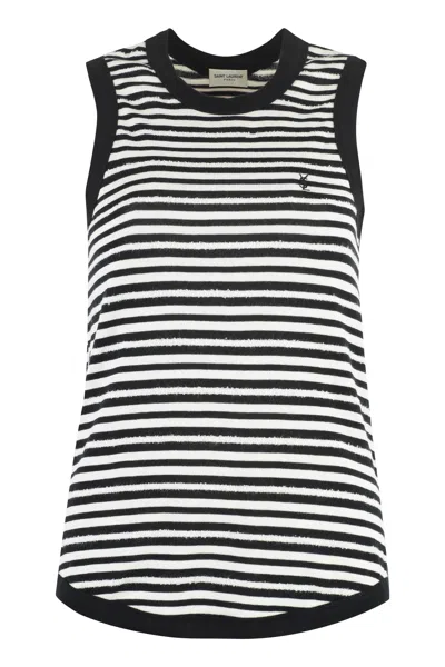 Saint Laurent Striped Tank Top With Embroidered Detail For Women In Black