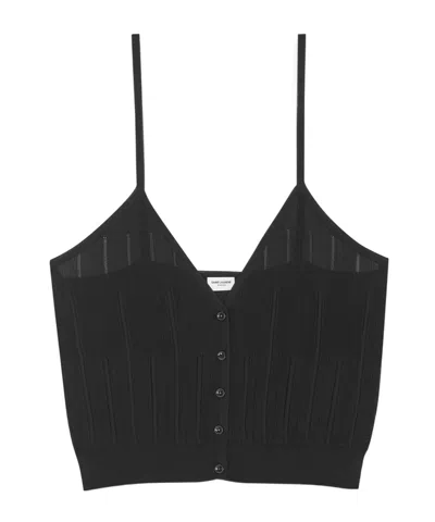 Saint Laurent Striped V-neck Knitted Tank Top In Black