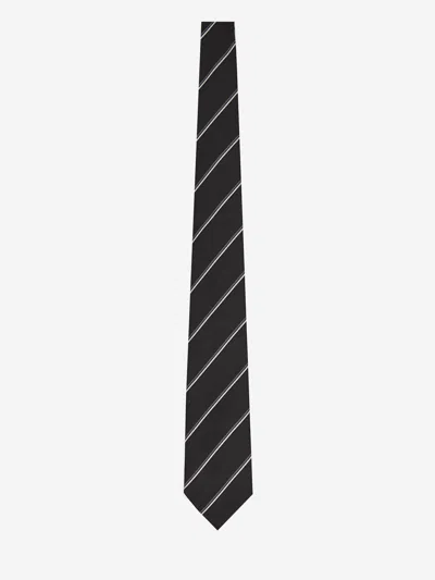 Saint Laurent Striped Wide Tie In Silk In Black