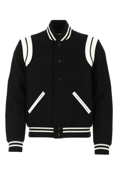 Saint Laurent Wool Blend With Striped Trim Bomber Jacket In Black