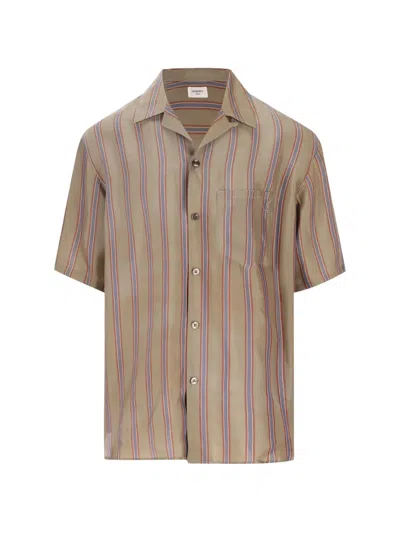 Saint Laurent Camp-collar Logo-embroidered Striped Twill Shirt In Brown