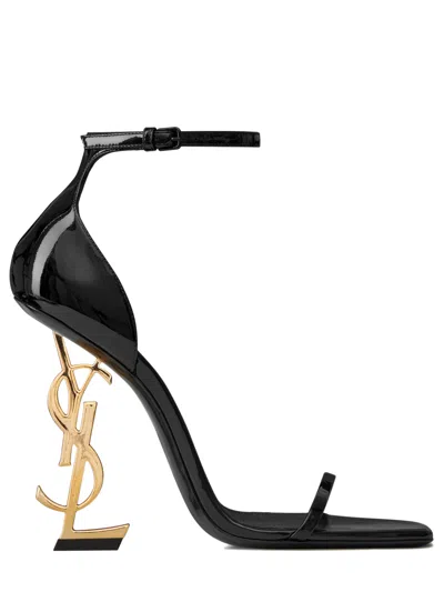 Saint Laurent Structured Heel Sandals With Metal Initials And Adjustable Ankle Strap - 11 Cm Heel In Black