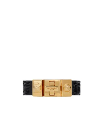 Saint Laurent Studded Closure Bracelet In Crocodile-embossed Leather And Metal In Yellow