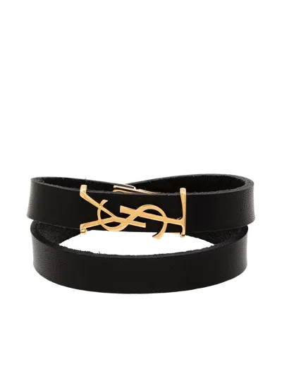 Saint Laurent Stylish Black Bracelet With Brass And Leather Accents