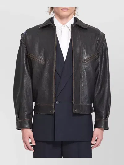 Saint Laurent Brown Jacket With Lived Effect And Front Welt Pockets In Leather Man In Black