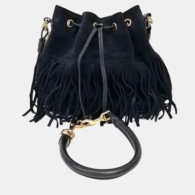 Pre-owned Saint Laurent Suede Black Emmanuelle Fringe Bucket Bag (381762)