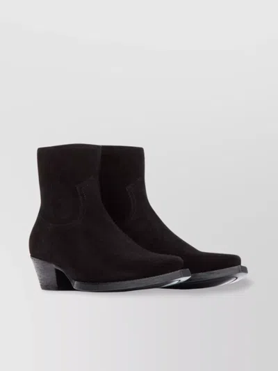 Saint Laurent Suede Block Heel Ankle Boots In Brown