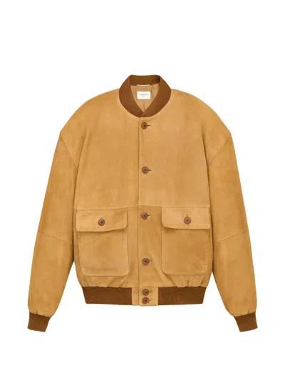 Saint Laurent Suede Bomber Jacket Front Pockets Ribbed Trims In Brown